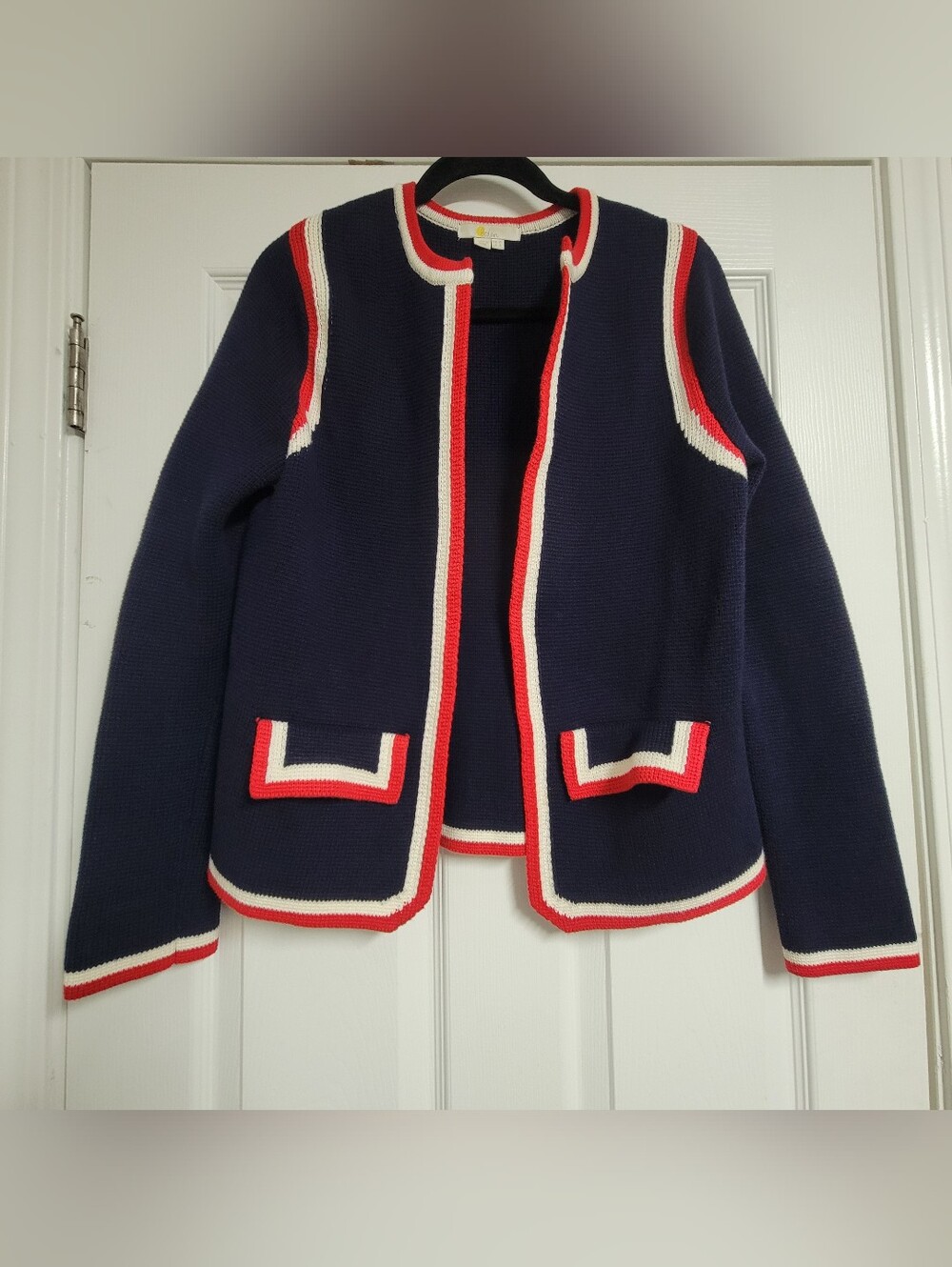 Boden Holly Knitted Navy Cropped Cardigan with Red & White Trim Size 8. - Picture 4 of 9